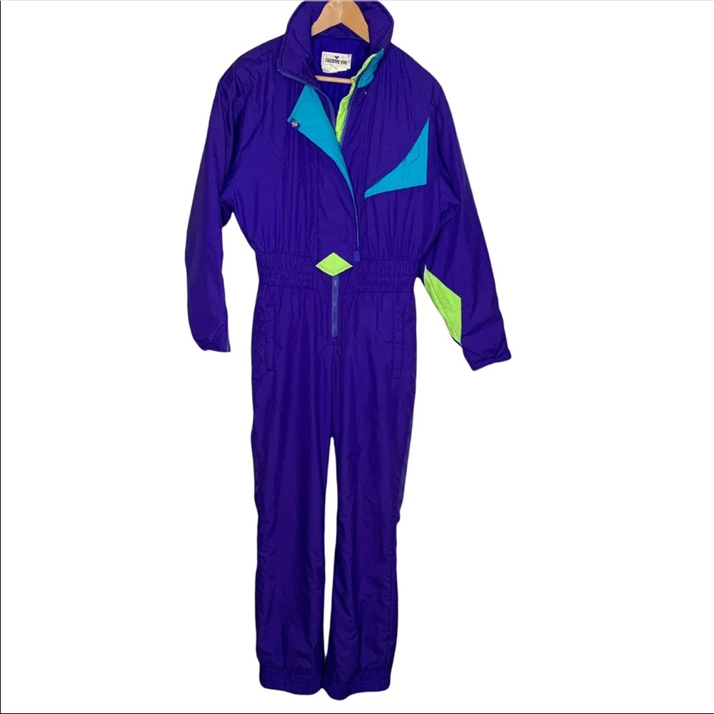 SOLD Vtg Obermeyer Womens One Piece Snow Ski Suit Purple Blue Neon Retro Size 10